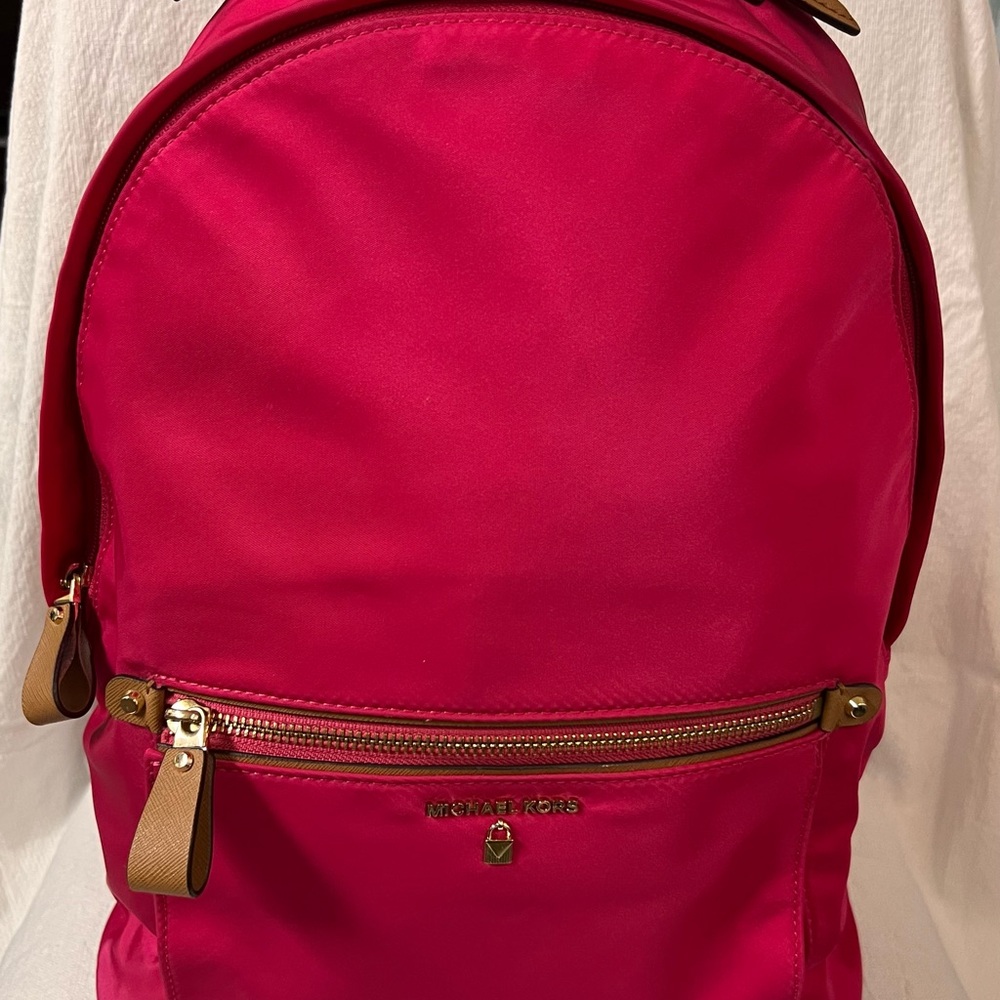 Michael Kors Bright Fuchsia Nylon Backpack with Tan Accents